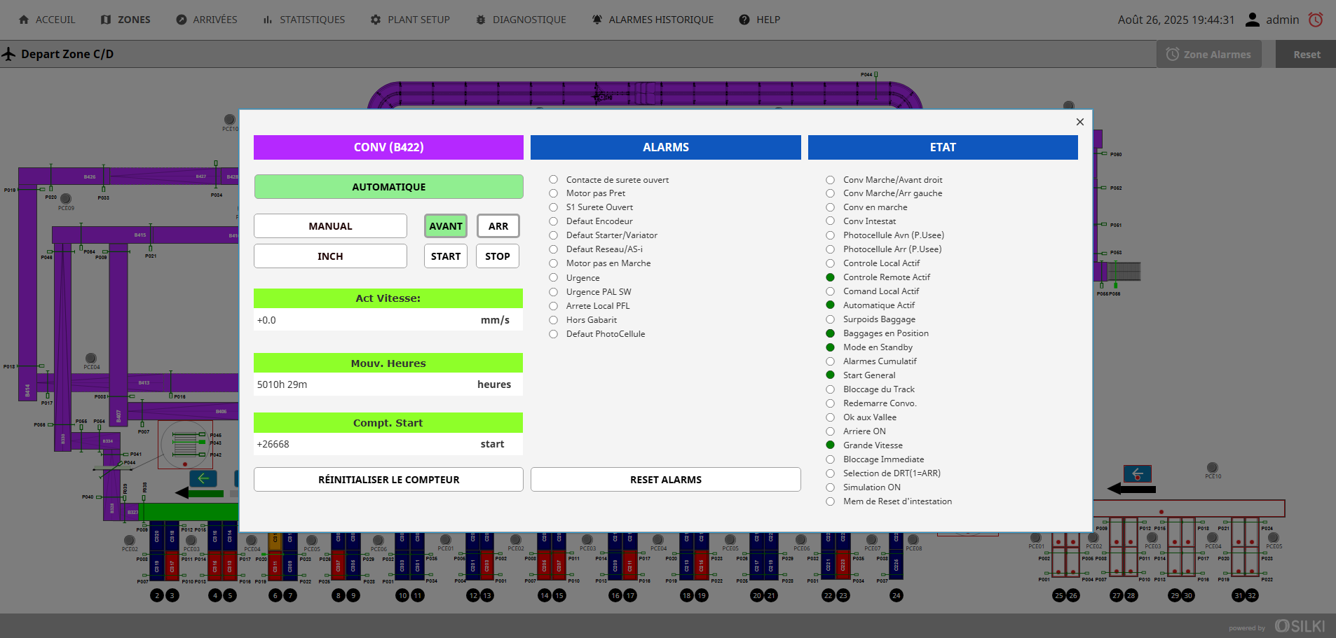 Ignition SCADA operator control panel with manual and automatic modes, start and stop, and a live alarm list
