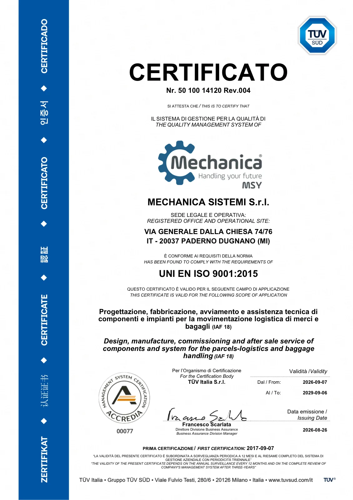 ISO 9001:2015 certificate — Mechanica Sistemi S.r.l.